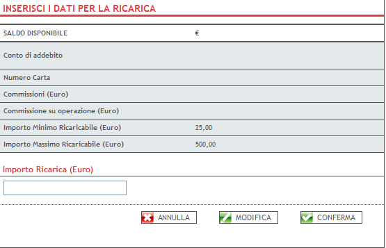 3.3.8.3 Ricarica Carta Eura In questa sezione è possibile ricaricare la propria Carta Eura di Banca di Bologna, con addebito in conto corrente.