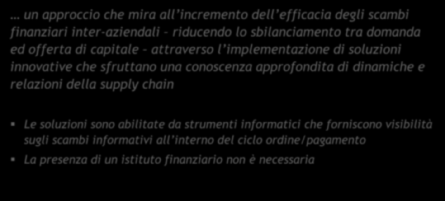 La «nostra» definizione Il Supply Chain Finance è un approccio che mira all incremento dell efficacia degli scambi finanziari inter-aziendali riducendo lo sbilanciamento tra domanda ed offerta di