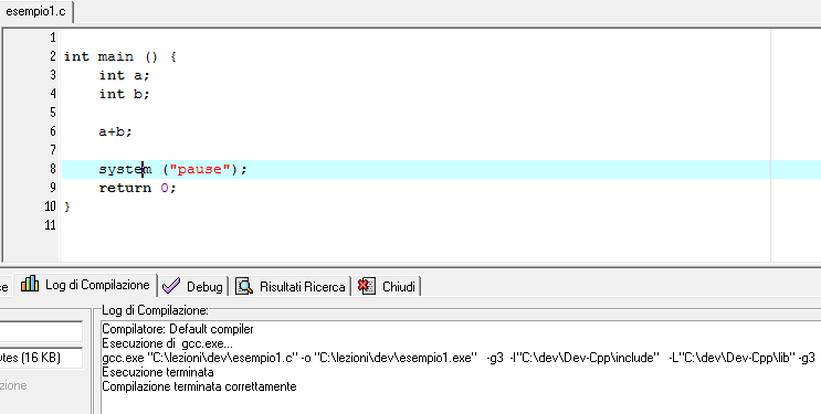 Il Log di Compilazione Cliccando sul tab log di compilazione si possono osservare alcuni passaggi che l IDE