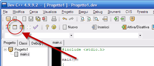 Primi passi con Bloodshed Dev-C++ nuovo progetto Lanciamo l esecuzione ma tanto non si vedrà nulla: Dato che l esecuzione prevede che dopo la stampa il programma termina,