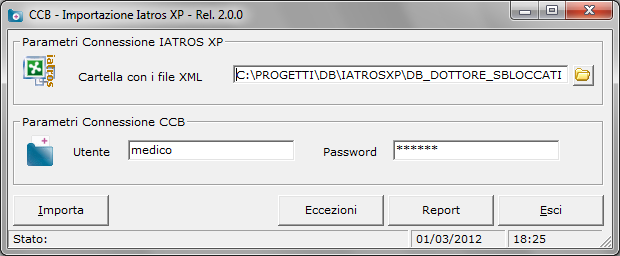 Eseguire il programma esterno IMPORT IATROS XP con un doppio clic sulla relativa icona creata sul Desktop dalla procedura di installazione.