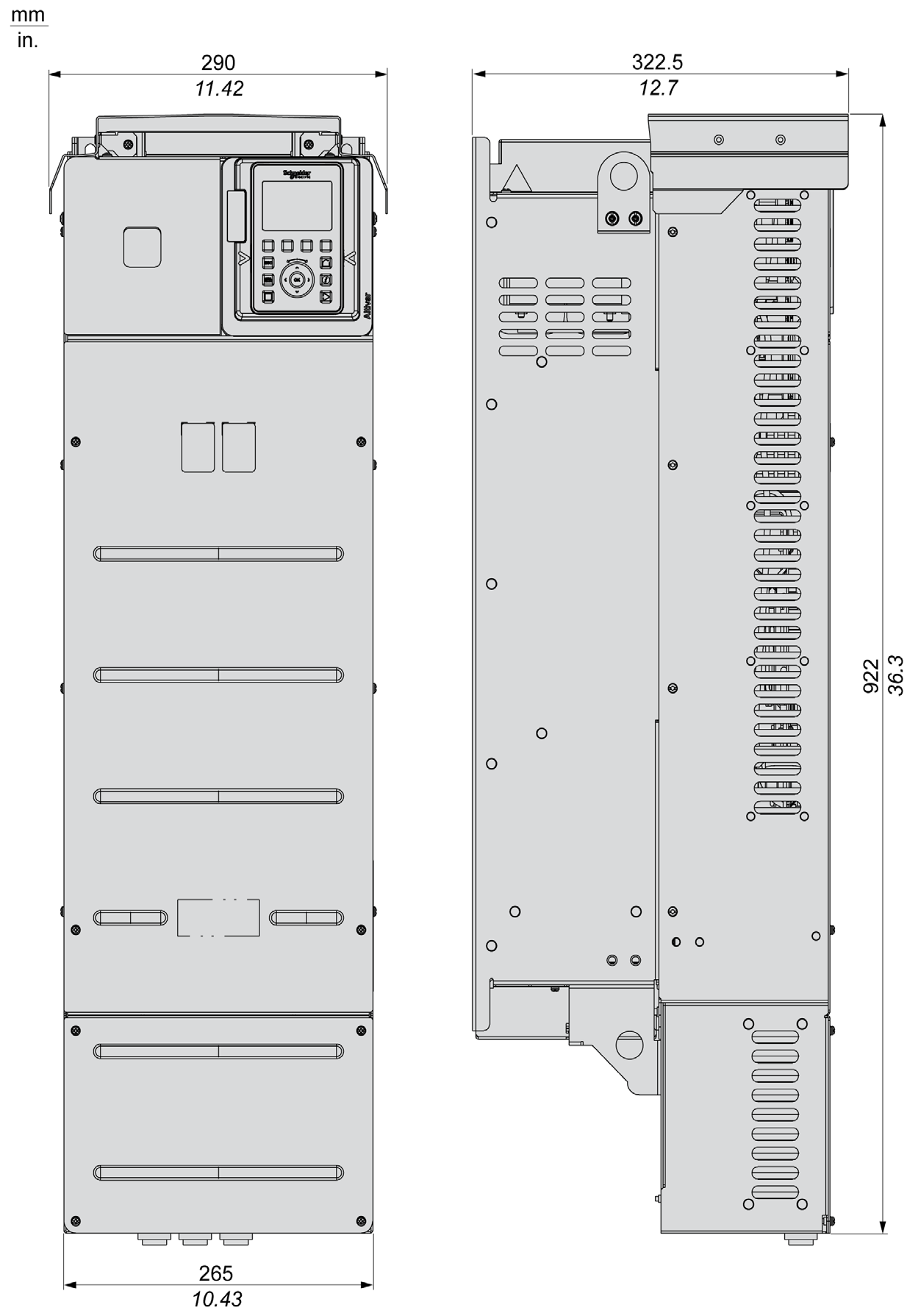 Taglia 5 Variatori IP21/UL tipo 1 - Vista laterale e frontale Parte