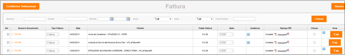 A questo punto, la fattura è stata creata ed è pronta per essere inviata a SdI. Cliccando su Visualizza Dettaglio il sistema mostra tutte le fatture create dall utente.