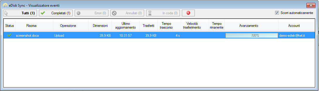 Ogni operazione può trovarsi in uno dei seguenti stati, identificati da apposite icone applicate sui pulsanti di filtro : - In coda: in seguito all analisi delle cartelle locali e remote è prevista