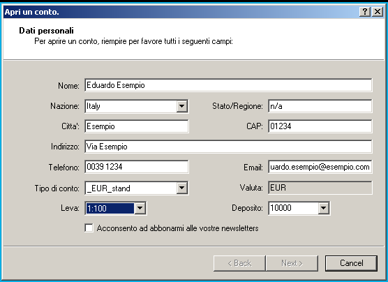 1. Come faccio ad aprire il mio primo account demo? Aprire la MetaTrader 4. Cliccare su [File] [Apri un conto] Vi verrà chiesto di compilare un modulo di registrazione.