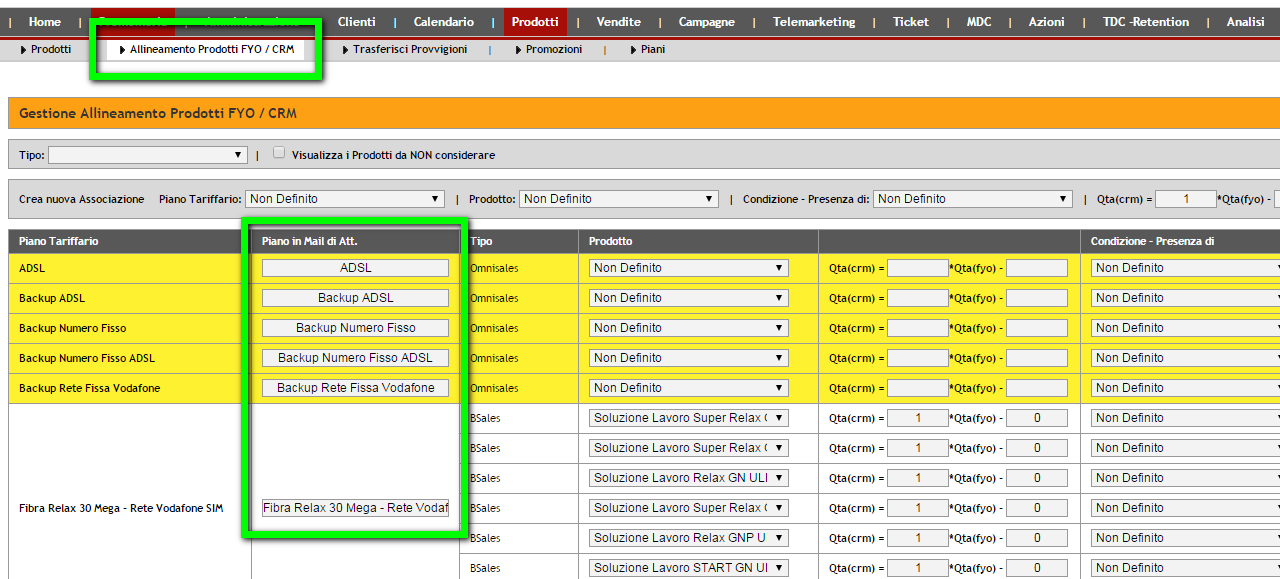 Dopodichè dobbiamo associare il piano tariffario letto dall allegato alla mail al corrispondente Prodotti in CRM.