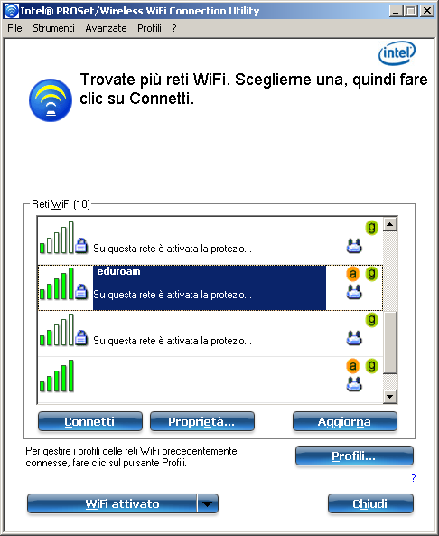 4) Configurazione con software Intel Scaricare e installare il software Intel PROset/wireless WiFi Connection Utility Cliccare sull icona