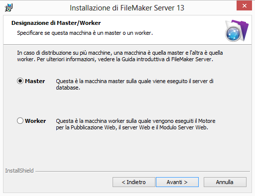 Capitolo 3 Distribuzione di FileMaker Server su più macchine 31 8. Selezionare Più macchine e fare clic su Avanti. 9. Selezionare master e fare clic su Avanti. 10.