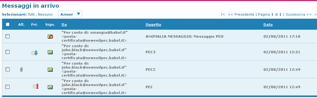 2.2 La sezione di accesso alle cartelle di Posta Elettronica Certificata 2.2.1 Posta in arrivo Il menù "Posta in Arrivo" consente di visualizzare l'elenco di tutti i messaggi presenti nella mailbox (vedi figura).