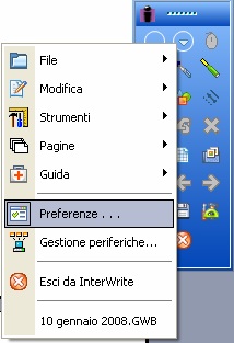 Il comando Preferenze permette di definire il setting di molti degli oggetti e presenti nel software di InterWrite.