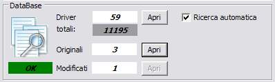 Il riquadro DataBase contiene le informazioni dei file che sono salvati nella memoria della chiave USB; i file che formano il DataBase sono i Driver, gli Originali e i Modificati che avete registrato