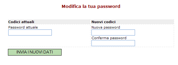 CAMBIA PASSWORD Accedendo a questa funzione si visualizza una pagina in cui si ha la possibilità di cambiare la password.