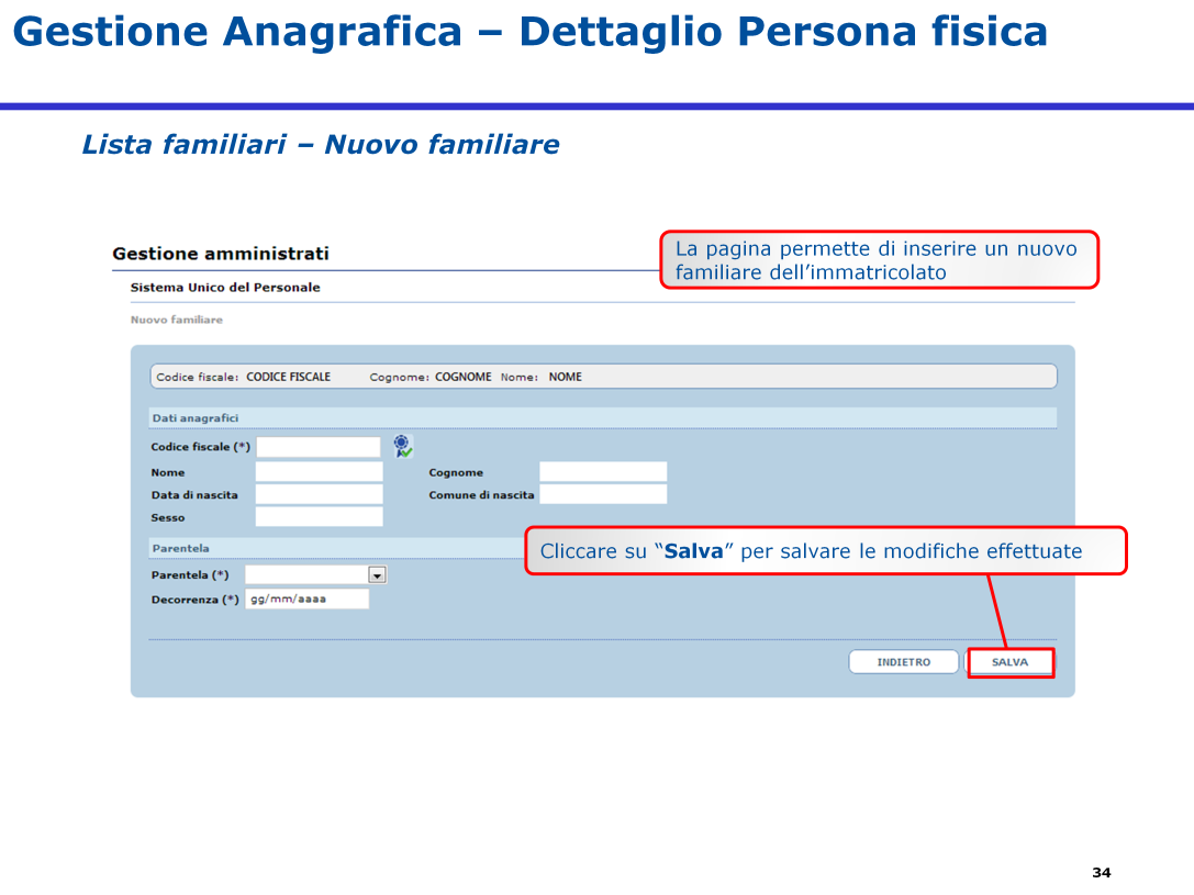 Il sistema mostrerà la pagina di inserimento di un "Nuovo familiare«.