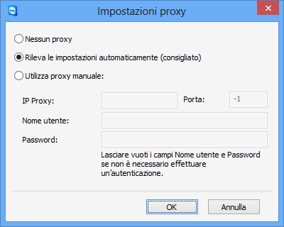 Opzioni Impostazioni di rete Impostazioni proxy Fare clic su Configura... per aprire la finestra delle Impostazioni proxy.