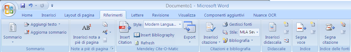 GENERARE UNA BIBLIOGRAFIA IN MICROSOFT WORD È sufficiente cliccare su Insert Bibliography e Mendeley elaborerà automaticamente una