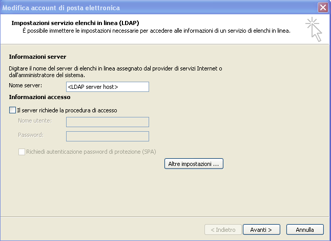 Selezionare il pulsante Nuovo per accedere alla finestra di scelta del tipo di rubrica, selezionare Servizio di elenchi in linea (LDAP) e premere il pulsante Avanti : Figura 3 Outlook 2007