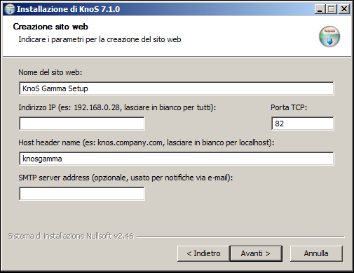 6) Nella form Creazione Sito Web, introdurre I parametri di configurazione di IIS: - Nome Sito Web: descrizione del nuovo sito Web - Indirizzo IP: indirizzo IP utilizzato da IIS per rispondere alle