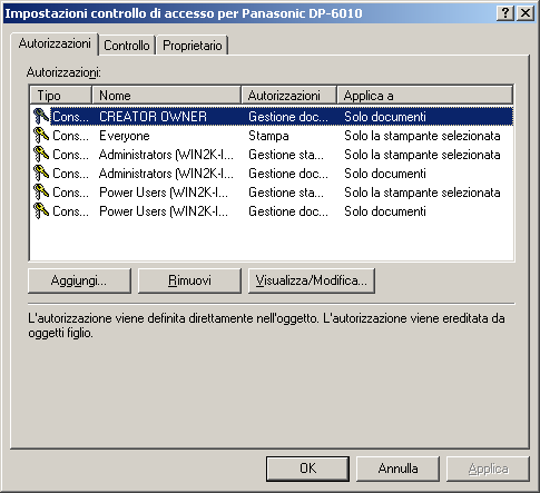 Configurazione del driver della stampante Windows 2000/Windows XP/Windows Server 2003 (amministratore) Protezione Visualizza una lista di utenti e gruppi a cui è assegnato l accesso della stampante.