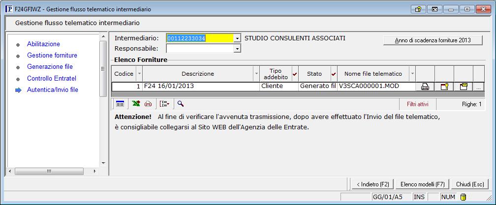 da qui è possibile stampare il file telematico, eseguire il controllo entratel e visualizzarne l'esito.