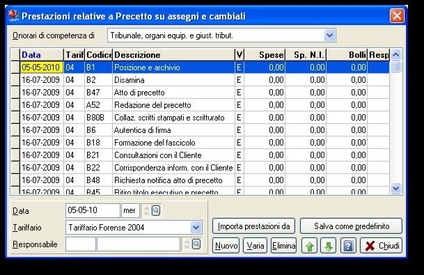 Prestazioni Esatta rispondenza tra i codici delle prestazioni e quelli dei tariffari forensi. Ricerca delle prestazioni per codice tariffario, descrizione o parte di essa.