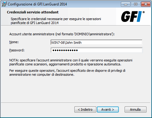 Schermata 5: Credenziali servizio attendant 7. Digitare le credenziali dell amministratore e la password. Verranno utilizzate dal servizio che eseguirà le operazioni pianificate.