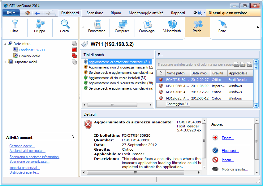 4.7.6 Visualizzazione Patch Visualizzazione di più dettagli sulle patch installate/mancanti e sui service pack individuati durante un controllo di rete.