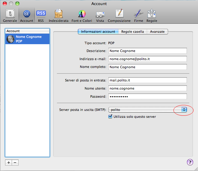 1.9 Apple Mail (POP/IMAP) Modificare l account come segue: Cliccare su Server posta in