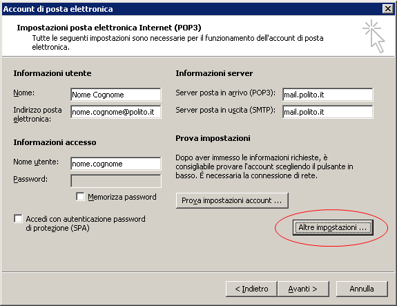 Selezionare un account e cliccare su Cambia : Cliccare su Altre