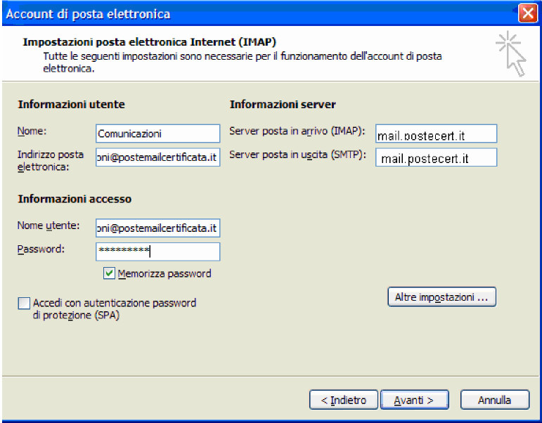 Scegliendo il protocollo IMAP o POP3 le informazioni necessarie alla configurazione dei Server sono le stesse.