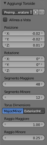 Mesh di tipo Toroide (anello) premendo Schift+A e zummiamolo un po' a sinistra, modifichiamo il Raggio minore e