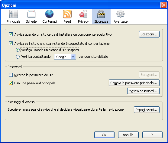 Se il cliente ha impostato la Password principale, può, in questa sezione, modificarla o scegliere di non utilizzarla più deselezionando la relativa opzione ( Usa una password principale ) e