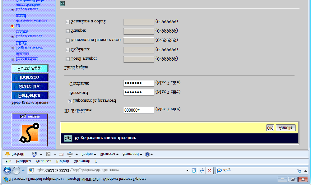 Specificare le impostazioni necessarie nella pagina Registrazione nuova divisione fare clic su [OK]. 3 Le impostazioni sono le seguenti: ID di divisione: Digitare un ID numerico (max. sette cifre).