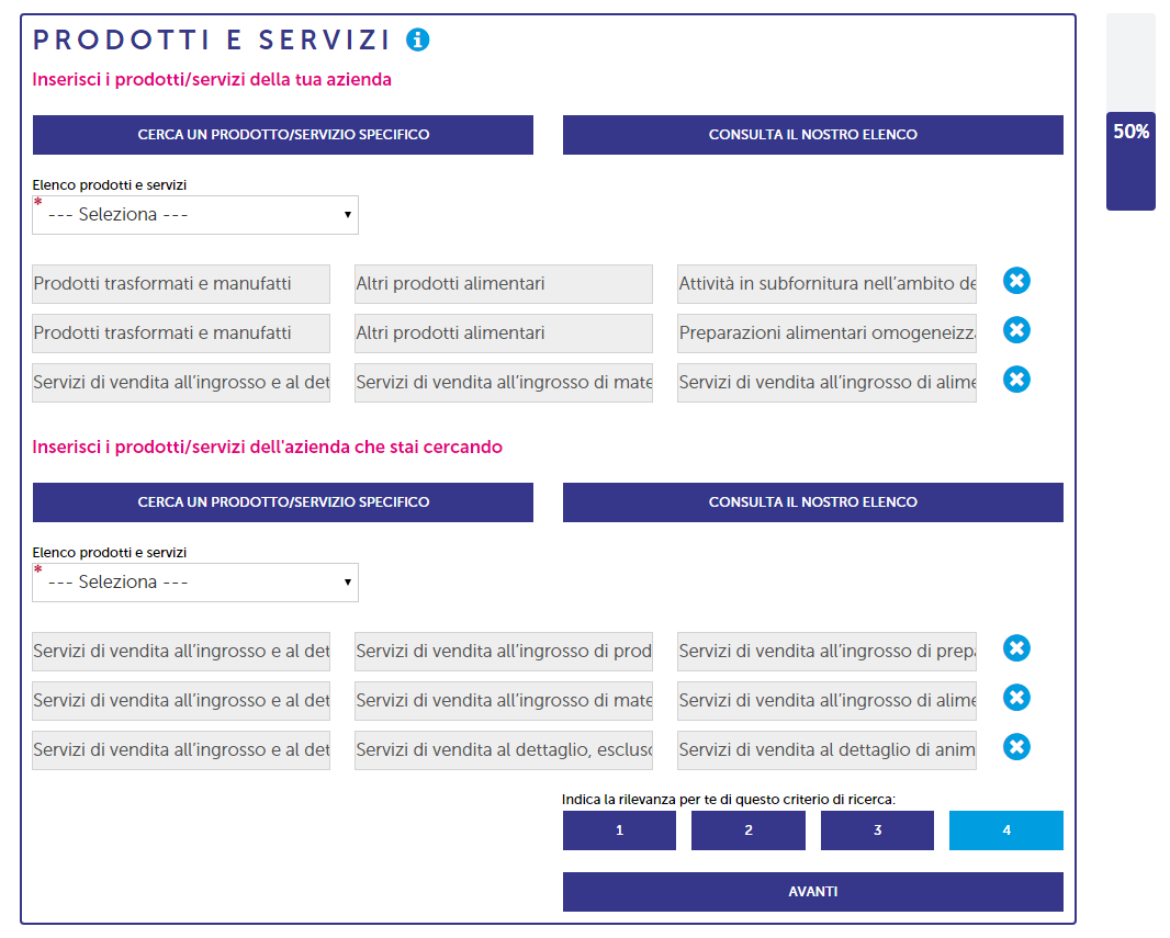 CREAZIONE DELL ACCOUNT COMPILAZIONE DEL PROFILO E DEI REQUISITI DI RICERCA ACCESSO ALLA PROPRIA AREA SEZIONE PRODOTTI E SERVIZI Prodotti e servizi offerti dalla propria impresa, sulla base della