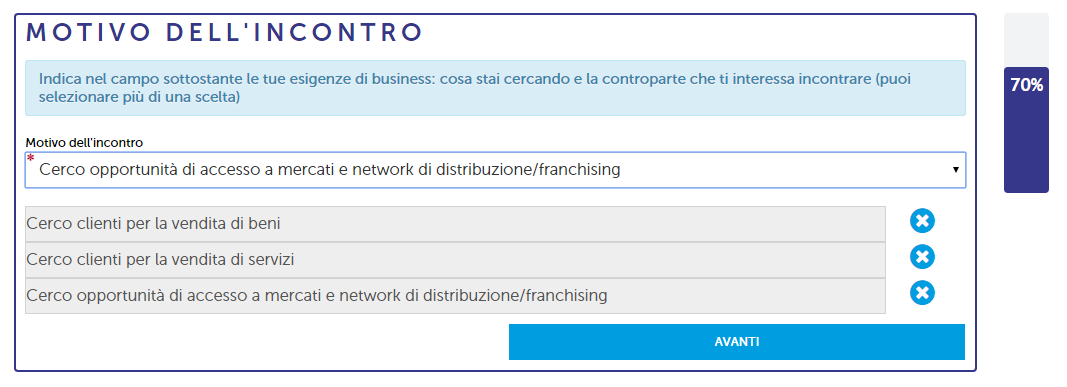 CREAZIONE DELL ACCOUNT COMPILAZIONE DEL PROFILO E DEI REQUISITI DI RICERCA ACCESSO ALLA PROPRIA AREA SEZIONE FATTORI DI COMPETITIVITA e MOTIVO DELL INCONTRO In questa sezione vanno indicati i