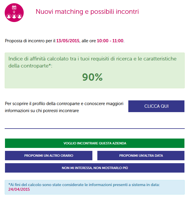 02. Matching Conferma dell incontro PROPOSTA INCONTRO VISUALIZZAZIONE DEL PROFILO SEMI- OSCURATO DELLA CONTROPARTE CONFERMA DELL INCONTRO VISUALIZZAZIONE DEL PROFILO IN CHIARO DELLA CONTROPARTE Le