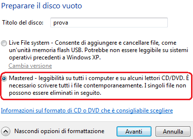 Masterizzare CD e DVD dati Inserire un CD o un DVD vuoto nel masterizzatore: se in automatico compare il menu di scelta, selezionare la voce Masterizza file su disco utilizzando Windows Nella