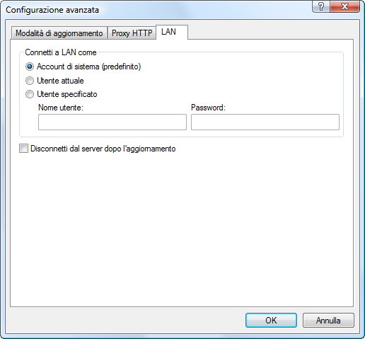 La selezione dell'opzione Utilizza impostazioni server proxy globali consente di utilizzare le opzioni di configurazione del server proxy già specificate in Varie > Server proxy nella struttura di