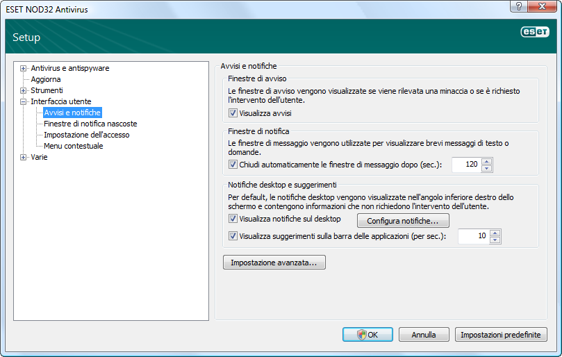 Le funzioni di Interfaccia utente comprendono anche l'opzione per proteggere la configurazione di ESET NOD32 Antivirus con una password.