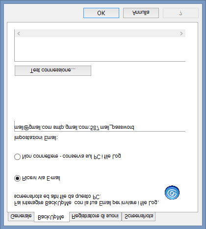 4. Configurazione - BackUpMe - Sempre nel menù di impostazione del software, alla voce BackUpMe è possibile impostare un indirizzo di posta elettronica per l invio di mail con in allegato i backup