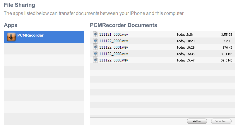 Operazioni Registrare una traccia 3 Scorrere giù in File Sharing e selezionare PCM Recorder nella lista. 1 Premere il pulsante Record una volta in modo che inizi a lampeggiare.