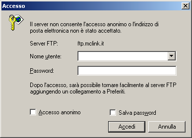 Internet Explorer e FTP con account Il funzionamento di Internet Explorer in una sessione FTP con account, ovvero in un collegamento nel quale si deve possedere un nome utente e una password per