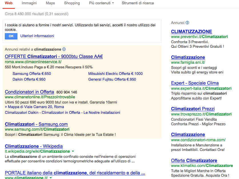 Un esempio: Google AdWords Search box Opzioni per la ricerca Google: AdWords