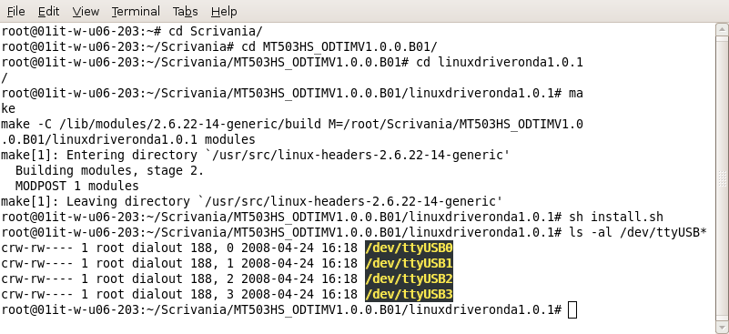 Installazione/rimozione dei drivers 1. Copiare l intera cartella MDC525UP_ODTIMV1.0.0.B01 sul proprio PC; 2. Eseguire il Terminale ed autenticarsi come utente root mediante il commando <su>; 3.