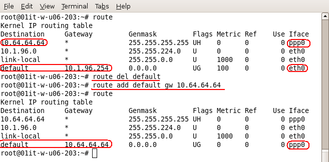 default: 1. Eseguire il Terminale ed autenticarsi come utente root mediante il commando <su>; 2. Digitare il comando <route>; 3.