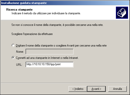 CONFIGURAZIONE DEI COLLEGAMENTI DI STAMPA 24 NOTA: L indirizzo URL per la stampante non è sensibile al maiuscolo/minuscolo. 5 Fare clic su Avanti.