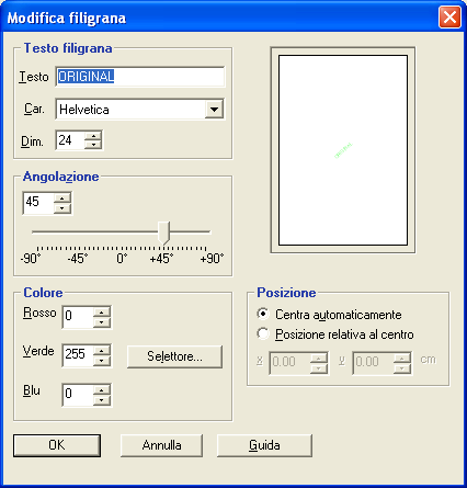 STAMPA 42 2 Selezionare una filigrana dal menu e fare clic su Modifica. Viene visualizzata la finestra di dialogo Modifica filigrana.