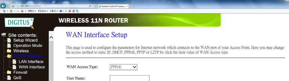 Connessione a Internet (Gateway) Si prega di cliccare "Network WAN Settings" situati sull interfaccia di gestione del web e seguire l esempio per Impostazione WAN "PPPoE".