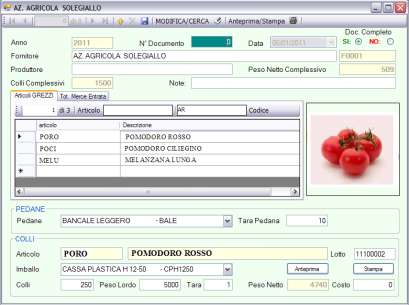 Carico Prodotti Permette di Registrare il Carico del Prodotto Grezzo, generando un associazione Fornitore/Produttore/Lotto.