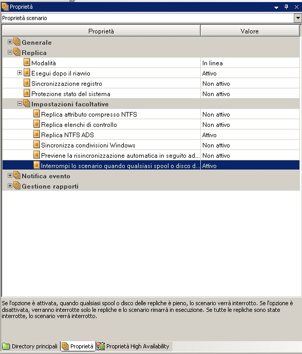 Impostazione delle proprietà del server master e di replica Nel riquadro Eventi della Gestione, i registri di CA ARCserve RHA riportano che il limite di spool è stato superato oppure che lo spazio su