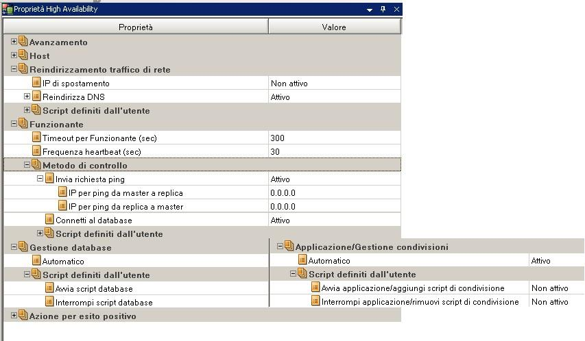 Proprietà degli script definiti dall'utente Esecuzione dello script definito dall'utente da Proprietà High Availability È possibile eseguire lo script per scenari HA dai seguenti gruppi di proprietà: